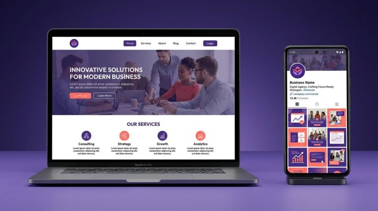 Computadora con una web empresarial y teléfono con el perfil social de la misma marca.